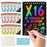 Pack regalos cumpleaños niños 16 libretas scratch art - detalles cumpleaños niños regalitos invitados cumple carnaval alumnos primaria manualidades clase dibujo papel rascar 4 5 6 7 8 años