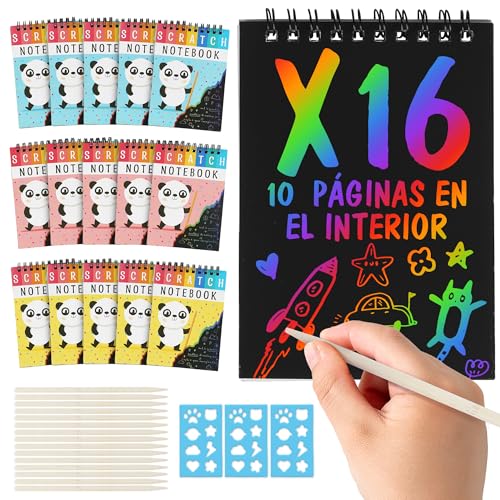 Pack Regalos Cumpleaños Niños Colegio 16 Libretas Scratch Art - Detalles Cumpleaños Niños Regalitos Invitados Cumple Fin De Curso Alumnos Primaria Manualidades Clase Dibujo Papel Rascar 4 5 6 7 8 Años