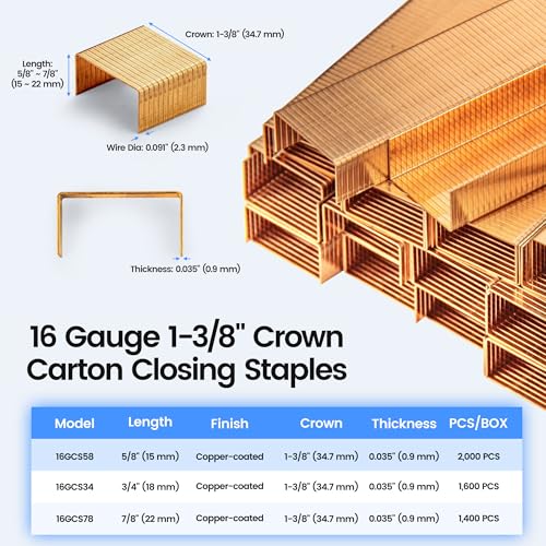 Image of meite Carton Closing Staples 16 Gauge 1-3 /8 inch Wide Crown 5 /8 inch Leg Copper-Coated Carton Staples for Pneumatic or Manual Box Stapler Gun - Cardboard Closer Packaging (2,000PCS) (Pack of 3)