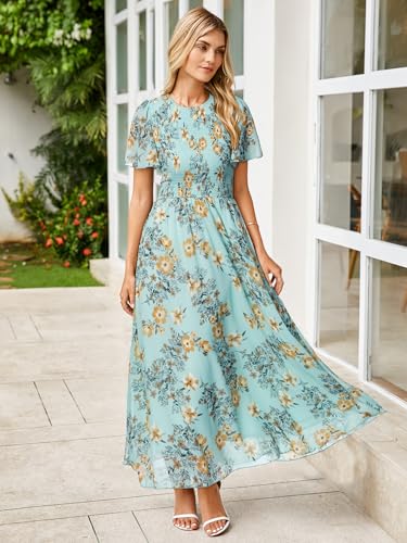 Image of Simplee Womens Casual Floral Summer Maxi Dress 2026 Boho Flowy Short Sleeve Crew Neck Vacation Smocked Chiffon Dresses