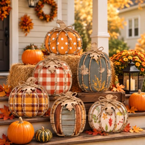 6 Pcs Fall Pumpkin Porch Outdoor Decor Rustic Wooden Standing Pumpkin Signs