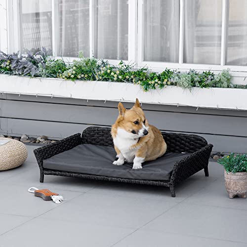 Pawhut Elevated Rattan Dog Bed With Steel Frame, Handwoven Wicker Pet Bed With Water Resistant Cushion, Dog Bed Outdoor For Large Medium Dog, Charcoal Grey #TOP1