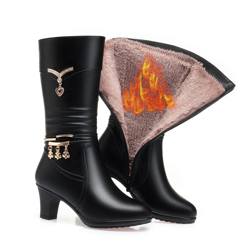 Womens Chunky Heel Mid-calf Boots Soft Leather Platform Side Zipper Sparkling Rhinestones Winter Warm Fur Lined Thickening Snow