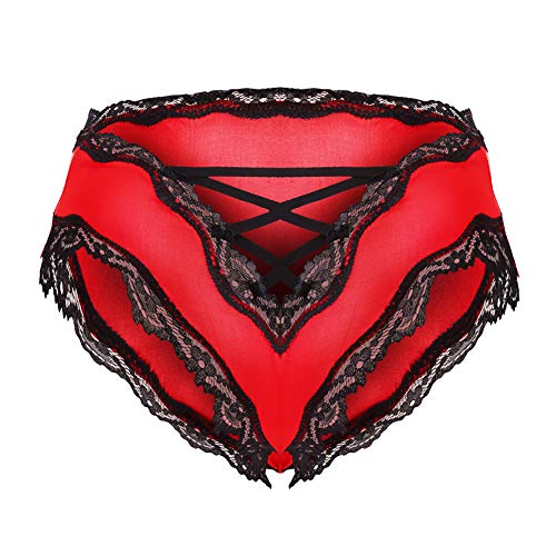 Women Sexy V-Back Criss Cross Floral Lace Underware Panties -Ladies Sexy Lingerie Briefs (Small, Red)
