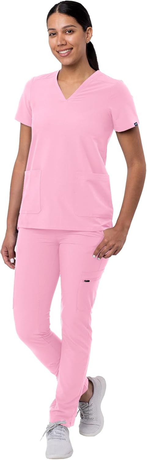 Adar Addition Go-Basic Scrub Set for Women - Slim V-Neck Scrub Top & Skinny Cargo Scrub Pants