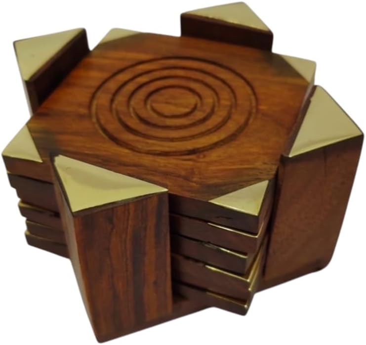 Premium Wooden Drink Coaster Set with Brass Corners 6 Square Coasters with Holder for Home & Office