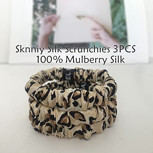 Maxfeel 100% Pure Muberry Silk Hair Scrunchie Small Silk Scrunchy Skinny Hair Ties For Breakage Prevention Leopard 3 Pcs #TOP2