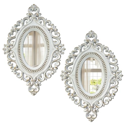 Cityelf - 2 Set Oval Wooden Carved 3D Relief Wall Mirror Rustic Home Decor Decorative Hanging Mirrors for Living Room, Bedroom Entrance Wall Art
