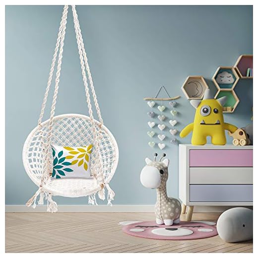 Patiofy Single Seater Home Swing For Adults&Kids|Suitable For Living Room/Balcony/Outdoor|Capacity Upto 120 Kgs|Includes Free Hanging Accessories|Handmade Jhula With Premium White Cotton Rope, 66 Cm