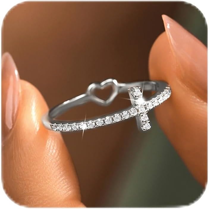 925 Sterling Silver Cross Rings for Women Cubic Zirconia Faith Hope Christian Rings Heart Ring Promise Rings for Her Purity Ring Mothers Ring Religious Jewelry Easter Baptism Mothers Day Gifts