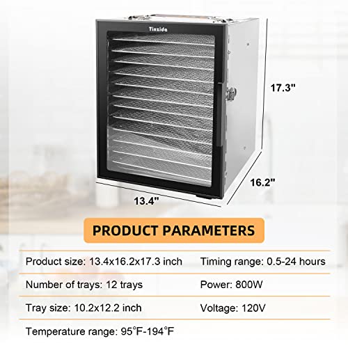 Tinzida Food Dehydrator Machine, 12 Stainless Steel Trays, Dehydrators For Jerky, Meat, Fruit, Pet Treats, Vegetables, Herb, 194ºf Temperature Control, 24H Timer, Safety Over-Heat Protection #TOP5