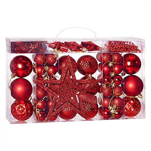 Deuba Lot de 66 Eléments de Décoration Rouge Boules de Noël Guirlandes Étoiles Fêtes