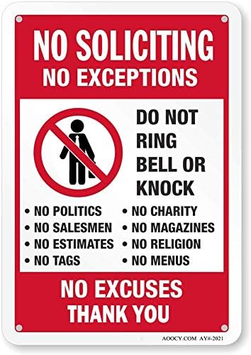 No Soliciting Sign for House Door Office Business Yard - 2 Pack - No Excuses, No Exceptions Do Not Ring Bell No Knock Sign - 7" x 9.8" Metal Aluminum, Pre-Drilled Holes, Weather Resistant
