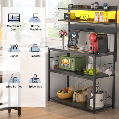 Aheaplus Bakers Rack with Power Outlet, Microwave Stand, 5 Tiers Coffee Bar Station with Led Lights, Kitchen Storage Shelf with 6 S-shaped Hooks, Kitchen Rack Coffee Bar Stand, Black - view 3