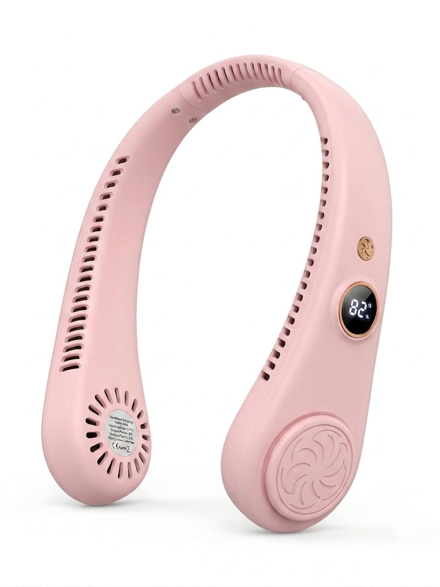 Portable Neck Fan with Digital Display | 5-Speed Adjustable | 180° Cooling Bladeless Wearable Fan | Hair-Safe Hanging Design | Rechargeable Fan for Home Office Travel & Outdoor (Baby Pink)-image-39