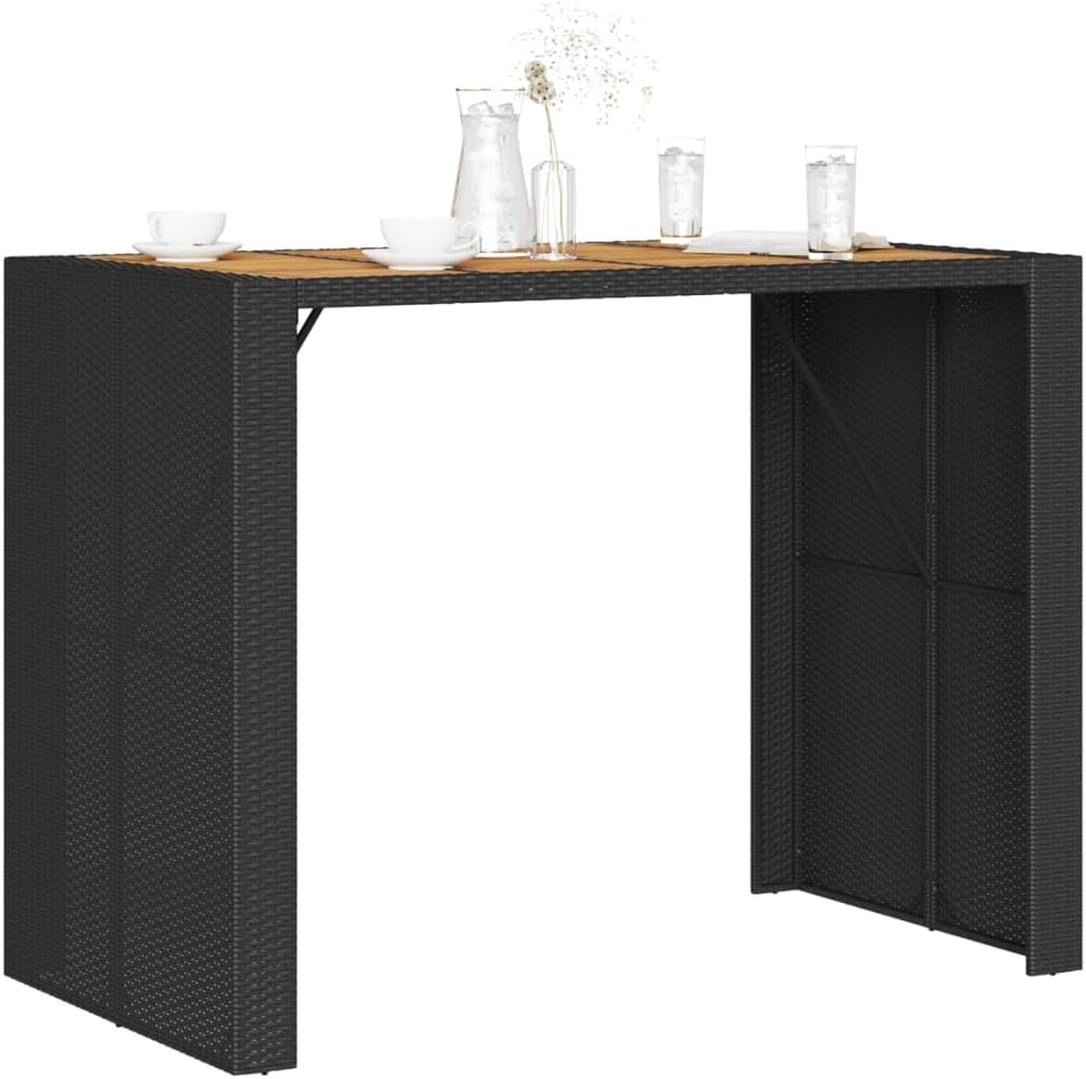 Garden Bar Table Black, 57 Inch Outdoor Bar Height for Patio, Modern Acacia Wood Top & Steel Frame, Weather Resistant Dining Table for 4, Balcony Terrace Bistro Set