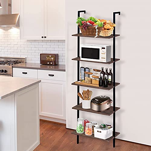 Aboxoo Ladder Shelf Open Bookshelf 5-Tier Wall-Mounted Wood Bookcase Storage Rack Open Back Industrial Modern Plant Flower Stand Utility Organizer Bookcase Metal Frame Furniture Office Kitchen Bedroom thumb #5