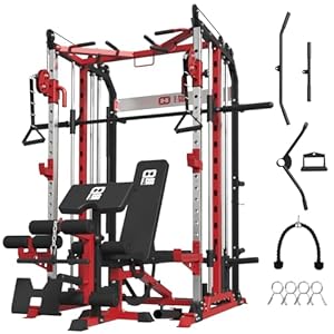 SmithMachine Power Cage, All-in-One Home Gym Squat Rack with Barbell, LAT-Pull Down & Cable Crossover System, Multi-Function Cage Training Equipment with Leg Hold-Down Attachment for Home Gym
