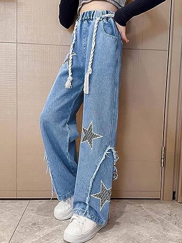 TiaoBug Girls Star Printed Jeans Kids Casual Wide Leg Jeans Vintage Distressed Denim Pants Washed Trousers with Pockets3
