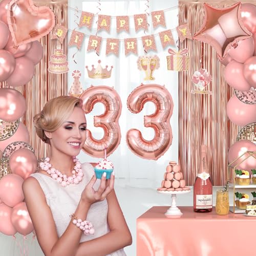 33rd Birthday Decorations for Women Girls, Happy 33 Birthday Decorations for Her, Rose Gold Birthday Party Supplies with Banner, Number Balloons, Fringe Curtains, Hanging Swirls, Foil Balloons by Miidenks - Used condition - Image 6