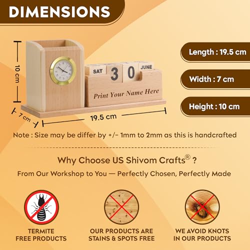 Image of SHIVOM CRAFTS Wooden Desk Organizer with Clock and Calendar, Pen Stand, Mobile Phone Holder with 2 Compartments for Home and Office - Customized, Personalized Gift, Get Your Name Printed