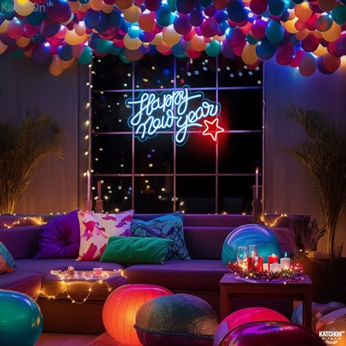 Image of KatchOn, Blue Happy New Year LED Sign - 16x10 Inch | Happy New Year Neon Sign | Happy New Year Lighted Sign for New Years Eve Party Supplies 2026 | Happy New Year Light Up Sign for New Years Decorations 2026