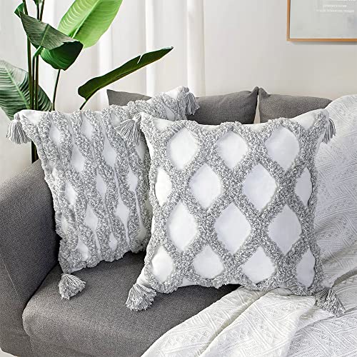 Tinysun 2 Pack Boho Decorative Throw Pillow Covers,Soft Cotton Woven Tufted Gray White Pillowcase With Tassels Mesh Pattern Pillow For Couch Sofa Car Bed Living Room (18"X18",Grey Net) #TOP7
