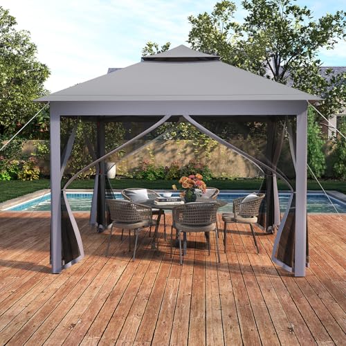 Goplus11 ft × 11 ft Pop up Gazebo, Portable Screen Canopy Shelter w/Mesh Netting Sidewalls, Vented Top, Drainage Holes, Heavy-Duty Height Adjustable Easy Setup Party Tent for Backyard