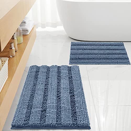 FLOLEOPA Non Slip Thick Shaggy Chenille Dusty Blue Bathroom Rug Sets 2 Piece, Thickened Hot Melt Rubber Bottom Bath Mats for Bat