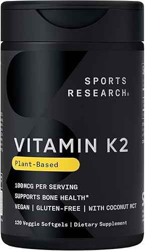 Sports Research Vitamina K2 como MK-7 de 100 mcg con aceite de coco MCT, 120 cápsulas blandas vegetales (suministro para 4 meses) certificado