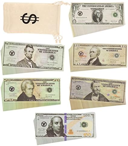 play money real looking double sided prop money set of 1 5 20 50 100 dollar bills full print paper money cash stack for movie pranks advertising novelty money bags included home amazon com au