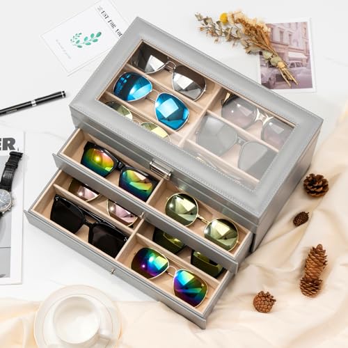 image for ProCase 3-layer Sunglasses Storage Organizer, 18 Slots Leather Sunglas