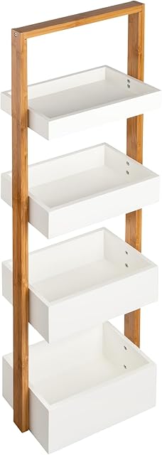 shelfmade Regał łazienkowy bambusowy  regał łazienkowy biały  kuchnia  regał stojący, regał drewniany  regał kuchenny stojący (4 kosze)