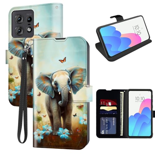 FUYOCWE for Motorola Edge 50 Pro 5G Case Wallet with Card Holder, RFID Blocking Folio Kickstand Magnetic Snap Cover - Baby Elephant in Flowers