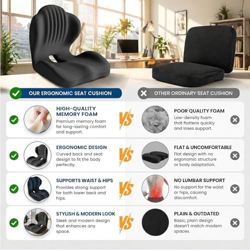 Ergonomic Office Chair Seat Cushions, Seashell Memory Foam Orthopedic Cushion with L-Shaped Design and Coccyx Hollow, Lumbar Support & Tailbone Pain Relief for Car, Truck, Gaming Chair (Black) by Starveil - Image 6