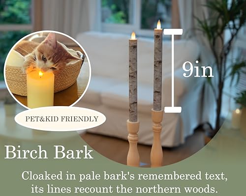 Image of Flameless Taper Candles Flickering with Remote and Timer, 3D Moving Flame Taper Candle Battery Operated to 400 Hours, 9 Inch Window Candles, (Birch Bark)