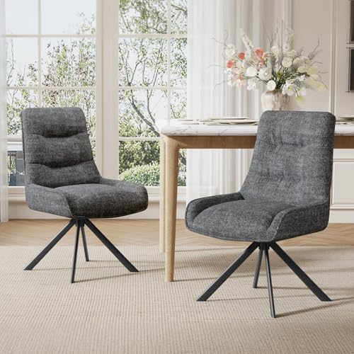 Ckaff Drehstuhl Esszimmer, 2er Set 360° Drehbar Esszimmerstuhl, Küchenstuhl, Polsterstuhl aus Chenille, Schminkstuhl mit Hoher Rückenlehne und Metallbeine für Esszimmer Küche Büro,