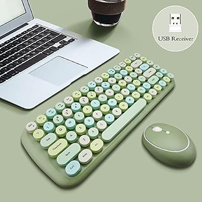 MOFII Mini Wireless Keyboard Mouse Set Round Keycap Multi-Colour Cute Lovely for Girls 84 Key (Multicolor Green)