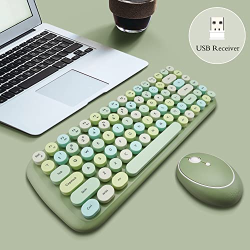 MOFII Mini Wireless Keyboard Mouse Set Round Keycap Multi-Colour Cute Lovely for Girls 84 Key (Multicolor Green)