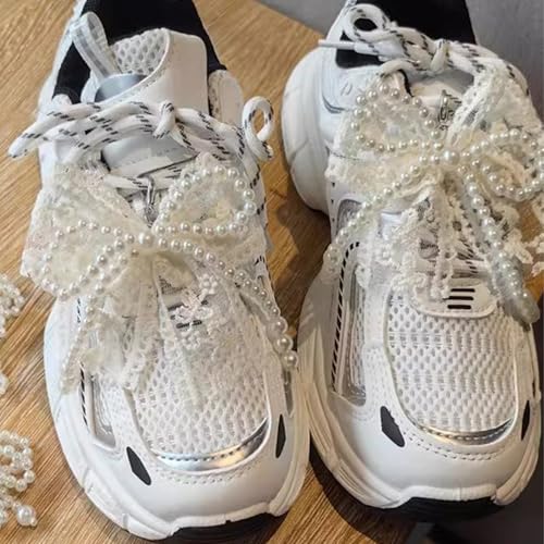 2 Pcs Pearls Bow Shoe Charms for Sneakers, Elegant DIY Shoe Lace Decoration, Buckle Pearl Beaded Chain Accessories for Women, Dress Shoes, Wedding Gift Jewelry (1 Pair Lace Pearl)