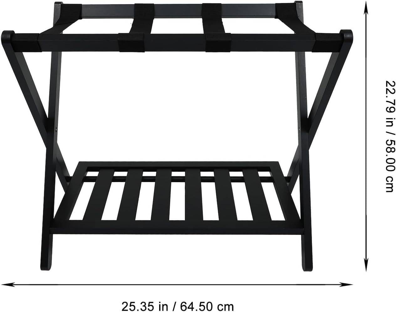 Foldable Double-layer Solid Wood Luggage Rack with Storage Shelf, Black Household Baggage Stand for Indoor Use and Guest Room Organizer
