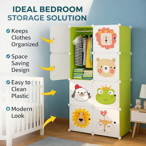 Image of AYSIS Kids Plastic Collapsible Wardrobe Organizer for Storage | Cute Cartoon Design | Heavy Duty Cloth Organizer for Storage | Easy to Assemble | Perfect for Kids Room & Home | Green
