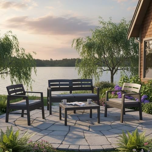 Dmora - Ensemble de Salon d'extérieur Massa, Composition de Jardin avec 2 fauteuils, 1 canapé et 1 Table Basse, Salon intérieur et extérieur avec Coussins, 100% Made...