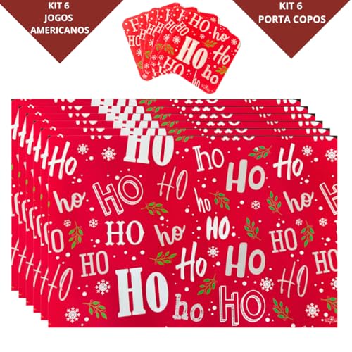 Jogo Americano de Polipropileno com 6 Lugares Estampa Natal Papai Noel Arvore Sousplat com Porta Cop
