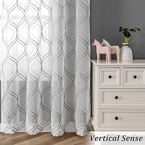 Visiontex Moroccan Embroidery White Sheer Curtains Panels Pair, Decor Geometric Rod Pocket Voile Tulle Semi Window Lattice Drapes For Kitchen And Dinning Room, 2 Pieces, 54 X 63 Inch, Grey #TOP4