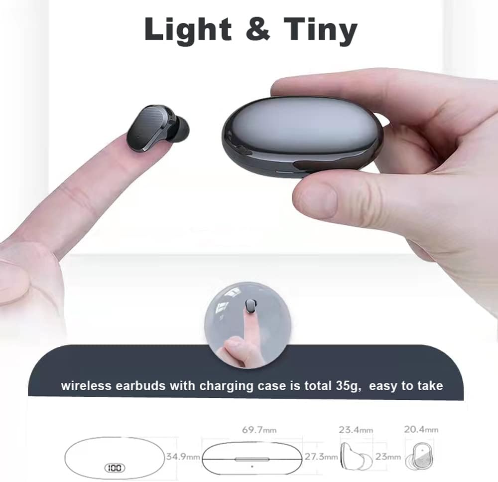 NVAHVA A68 earbuds and charging case with dimensions indicating light and tiny design