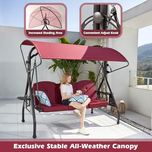 Image of ZZW 800LBS Patio Swing with Canopy 3 Seat Outdoor Porch Swing with Stand w /Cup Holder & Pillow Glider Chair Swing Bed for Patio Backyard Poolside (Red)