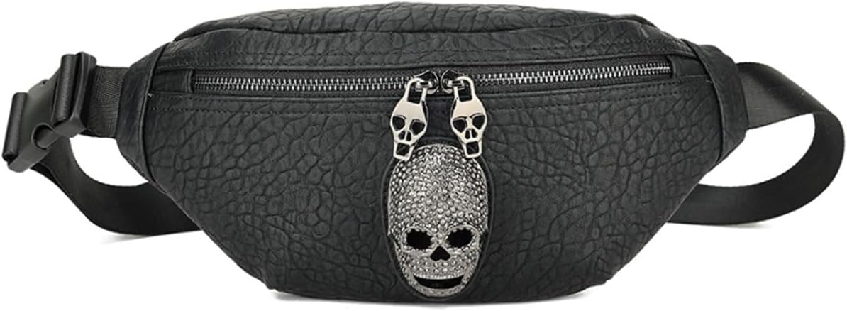 XingChen Skull Fanny Packs Fashionable PU Leather Bumbag Women and Men Belt Bag Black Waist Pack with Adjustable Belt for Rave,Festival,Travel,Party