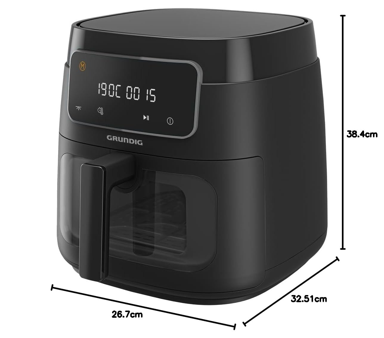 Grundig FRY 7320 Heißluftfritteuse, 7,6 l Kapazität, 1750 W, Touch-Display, großes Sichtfenster, Temperatur- und Zeiteinstellung, Antihaftbeschichtung, spülmaschinengeeigneter Korb, Schwarz