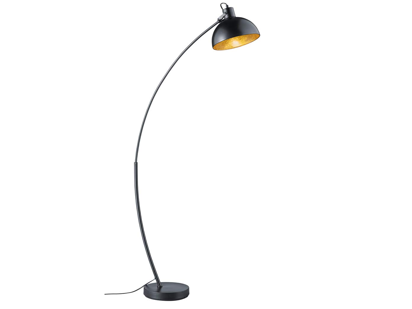 Nowoczesna lampa łukowa LED w kolorze czarnym matowym abażur wewnątrz złoty, wysokość 155 cm z wysięgiem 75 cm